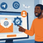 Digital illustration of a Nigerian marketer using an email marketing dashboard to automate customer campaigns on a laptop