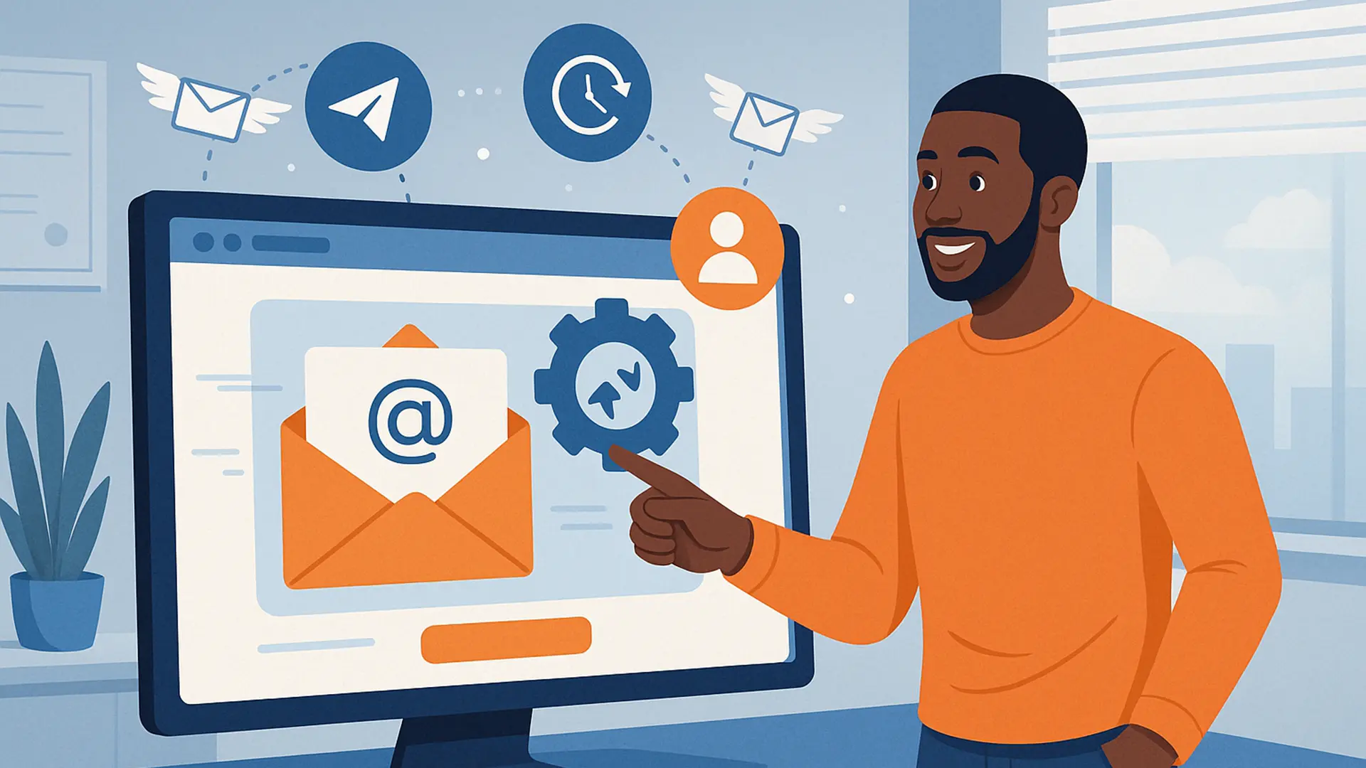 Digital illustration of a Nigerian marketer using an email marketing dashboard to automate customer campaigns on a laptop