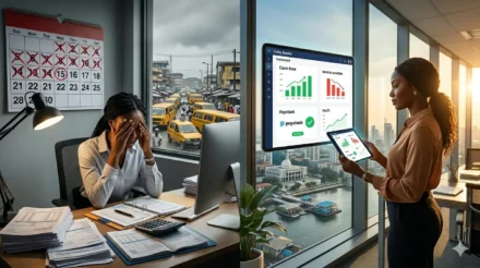 Split-screen comparison of a stressed Nigerian finance manager using manual Excel spreadsheets versus a confident Lagos CFO viewing a real-time Zoho Books financial dashboard on a tablet.
